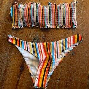 Romwe rainbow smocked strapless Bandeau bikini